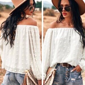 Off Shoulder Swiss Dot Sheer White Boho Blouse